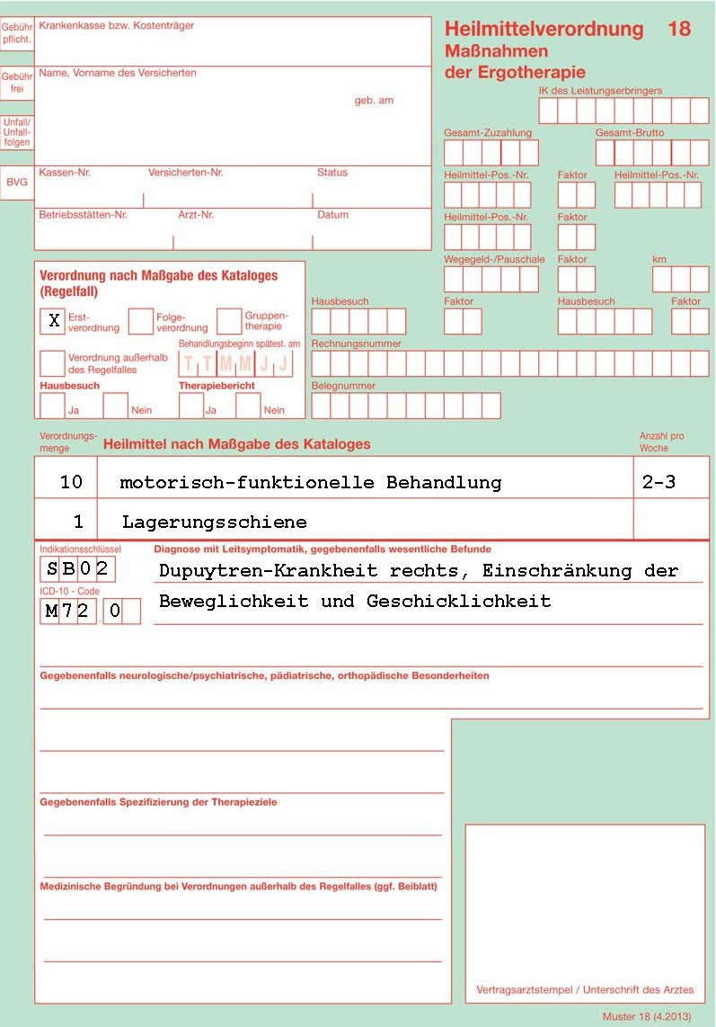 Muster Handtherapie Verordnung mit Schiene